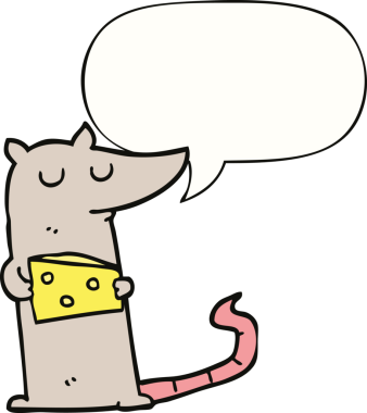 Bir insan tarafından çizilmiş konuşma balonlu peynirli çizgi film faresi.