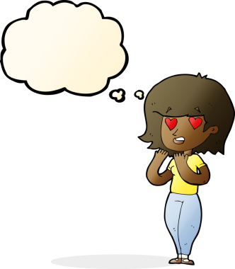 Bir insan tarafından çizilmiş düşünce baloncuğuna aşık çizgi film kadını.