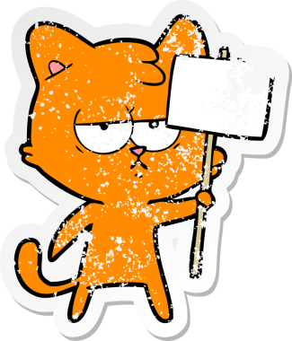 Sıkılmış bir çizgi film kedisinin insan tarafından çizilmiş tabela yapıştırması.