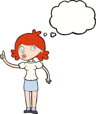 Bir insan tarafından çizilmiş düşünce baloncuğu fikri olan karikatür kadın.