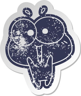 Sıkıntılı eski çizgi film çıkartması Kawaii bir insan tarafından çizilmiş şirin kurbağayı heyecanlandırdı.