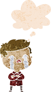 Çizgi filmdeki adam, bir insan tarafından çizilmiş, dertli, gerilmiş bir eski tarzda, düşünce balonuyla ağlıyor.