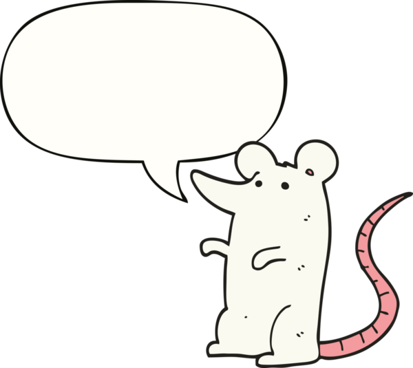 Bir insan tarafından çizilmiş konuşma balonlu çizgi film faresi.