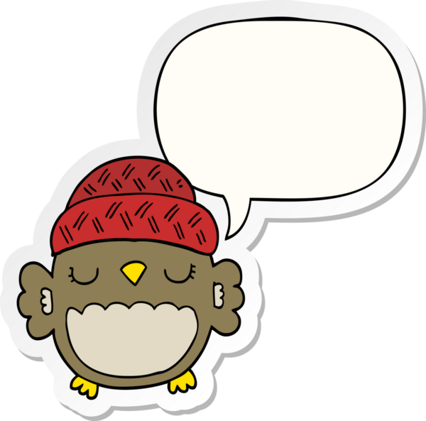 Bir insan tarafından çizilmiş konuşma kabarcığı etiketli şapkalı sevimli bir baykuş.