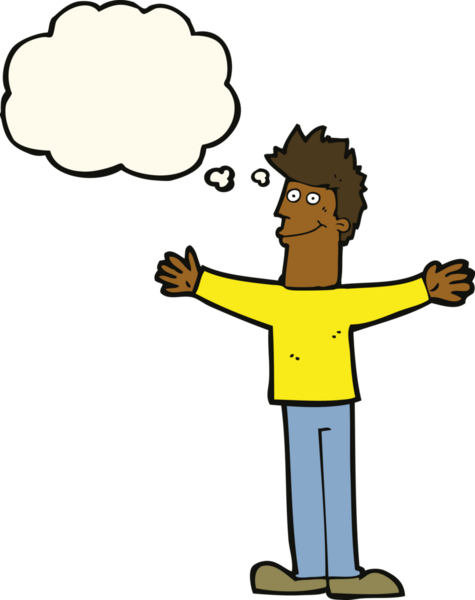 Bir insan tarafından çizilmiş düşünce balonlu mutlu adam çizgi filmi.