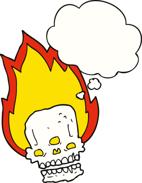 Bir insan tarafından çizilmiş düşünce baloncuklu alevli kafatası.
