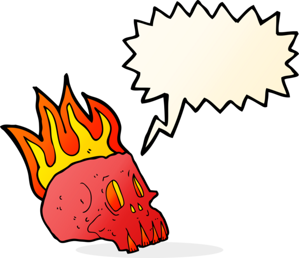 Bir insan tarafından çizilmiş konuşma baloncuklu yanan kafatası.