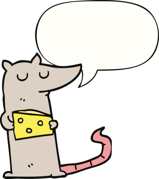 Bir insan tarafından çizilmiş konuşma balonlu peynirli çizgi film faresi.