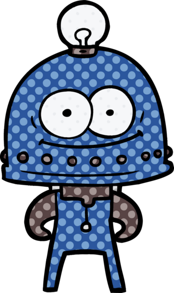 Bir insan tarafından çizilmiş ampullü mutlu karton robot.