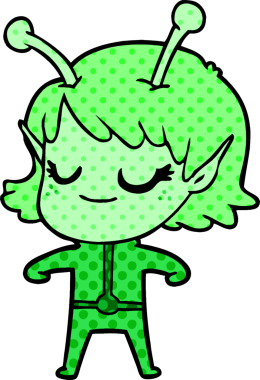 Bir insan tarafından çizilmiş gülümseyen uzaylı kız çizgi filmi.