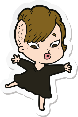 Bir insan tarafından çizilmiş siyah elbiseli bir kızı şaşırtan bir çizgi film çıkartması.