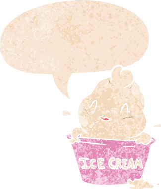 Bir insan tarafından çizilmiş grunge sıkıntılı retro tarzı konuşma baloncuklu tatlı çizgi film dondurması.