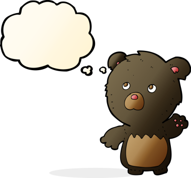 Bir insan tarafından çizilmiş düşünce baloncuklu siyah oyuncak ayı.