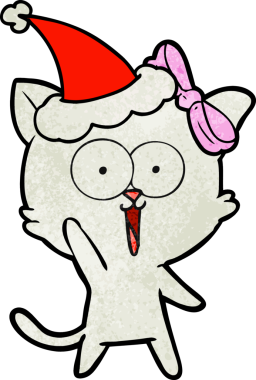 Bir insan tarafından çizilmiş Noel Baba şapkası takan bir kedinin el çizimi karikatürü.