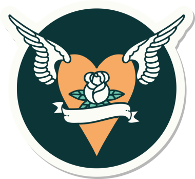 Geleneksel bir dövme stili. Uçan kalp. Çiçekler ve bir insan tarafından çizilmiş bayrak.