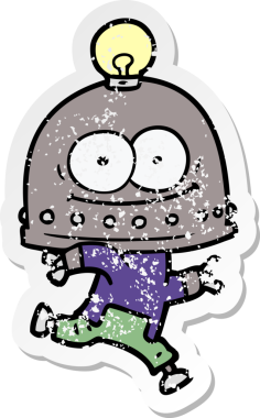 Bir insan tarafından çizilmiş ampullü mutlu bir robot çıkartması.