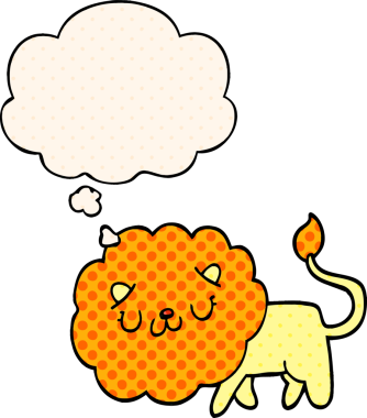 Çizgi roman tarzında düşünce balonu olan çizgi film aslanı bir insan tarafından çizilmiş.