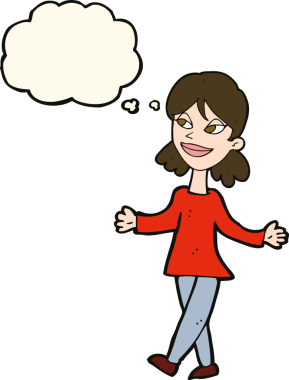 Bir insan tarafından çizilen düşünce baloncuğu ile ilgili endişesi olmayan çizgi film kadını.