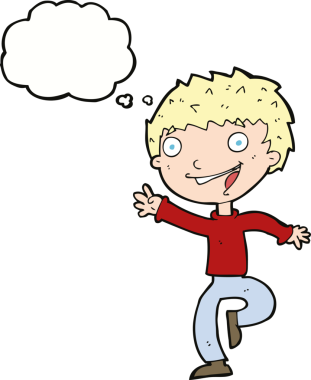 Bir insan tarafından çizilmiş düşünce baloncuğu olan heyecanlı çocuk.