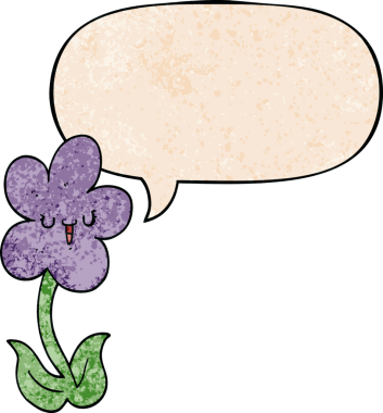 Gülen yüzlü bir karikatür çiçeği ve bir insan tarafından çizilmiş retro desen şeklinde bir konuşma balonu.