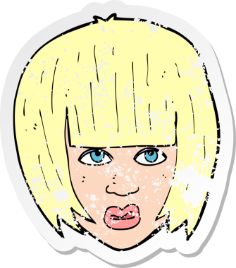 Bir karikatürün gerilimli çıkartması. Bir insan tarafından çizilmiş uzun saçlı, rahatsız bir kız.