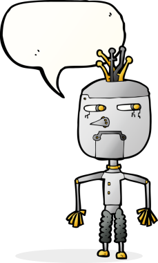 Bir insan tarafından çizilmiş konuşma balonu olan çizgi film robotu.