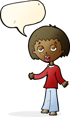 Bir insan tarafından çizilmiş konuşma balonu olan yorgun bir kadın çizgi filmi.