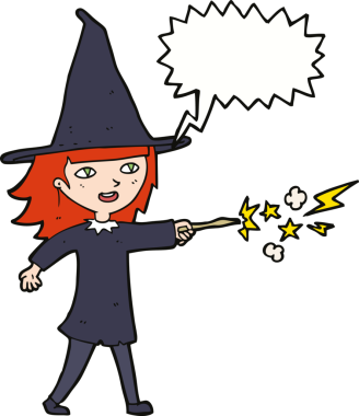 Bir insan tarafından çizilmiş konuşma balonuyla büyülenmiş cadı kız çizgi filmi.