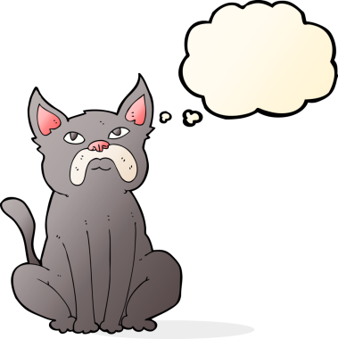 Bir insan tarafından çizilmiş düşünce baloncuğu olan huysuz küçük bir köpek.