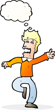 Bir insan tarafından çizilen düşünce baloncuğuyla panikleyen çizgi film adamı.