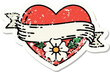 Geleneksel bir kalp stili ve insan tarafından çizilmiş çiçekli pankart dövmesi.