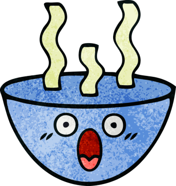 Bir insan tarafından çizilmiş sıcak çorba kasesinin retro grunge desenli karikatürü.