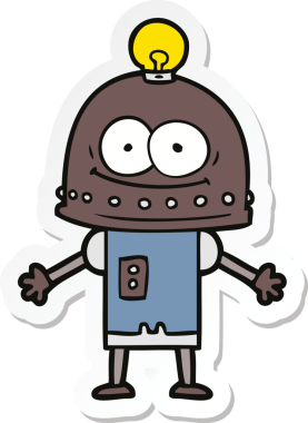 Bir insan tarafından çizilmiş mutlu bir karton robotun çıkartması.