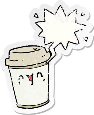Çizgi film, bir insan tarafından çizilmiş sıkıntılı eski çıkartmalı konuşma balonlu kahveyi dışarı çıkarır.