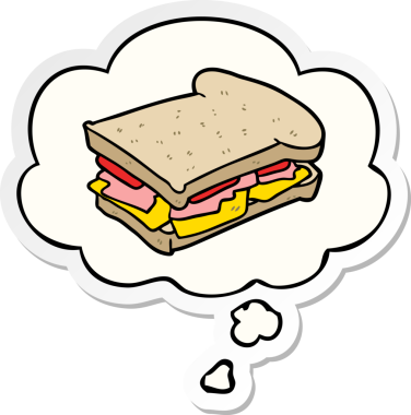 Düşünce baloncuklu jambonlu sandviç insan tarafından çizilmiş bir çıkartma.