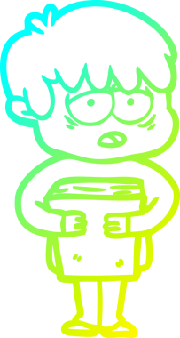 Bir insan tarafından çizilmiş kitabı tutan bitkin bir çocuğun çizgi film çizimi.