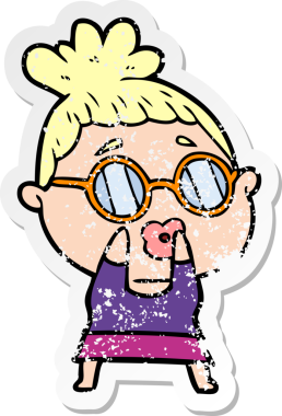 Bir insan tarafından çizilmiş gözlük takan karikatürlü bir kadının sıkıntılı çıkartması.