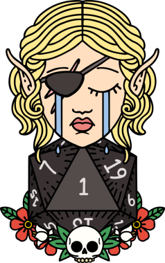 Retro Dövme Tarzı Ağlayan Elf düzenbaz karakter yüzü ve bir insan tarafından çizilmiş doğal bir D20 rulo