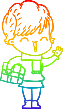 Gökkuşağı gradyan çizgi çizimi bir insan tarafından çizilmiş gülen bir kadın.