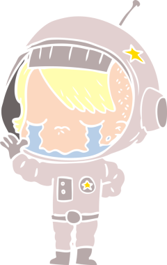 Düz renkli çizgi film ağlayan astronot kız bir insan tarafından çizilmiş.
