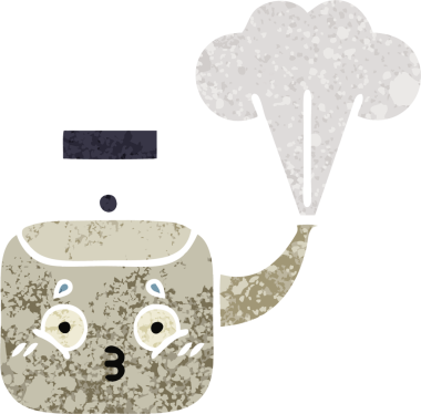 Bir insan tarafından çizilen dumanı tüten bir çaydanlığın retro çizim tarzı karikatürü