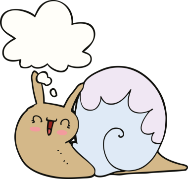 Bir insan tarafından çizilmiş düşünce kabarcığı olan sevimli çizgi film salyangozu.