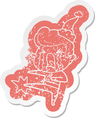 Bir insan tarafından çizilmiş Noel Baba şapkası takan ağlayan bir adamın garip karikatürü.