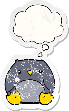 Düşünce baloncuğu olan karikatür pengueni insan tarafından çizilmiş yıpranmış bir çıkartma.