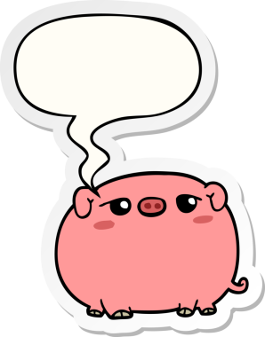 Bir insan tarafından çizilmiş baloncuk çıkartmalı şirin çizgi film domuzu.