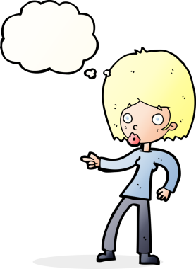 Bir insan tarafından çizilmiş düşünce balonuyla işaret eden çizgi film kadını.