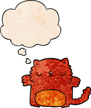 Bir insan tarafından çizilmiş grunge desenli düşünce baloncuklu çizgi film kedisi.