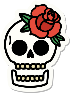 Geleneksel kafatası stili dövme çıkartması ve bir insan tarafından çizilmiş gül.