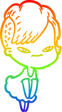 Gökkuşağı gradyan çizimi. Hipster saç kesimi bir insan tarafından çizilmiş şirin bir çizgi film kızı.