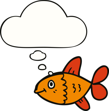 Bir insan tarafından çizilmiş düşünce baloncuklu çizgi film balığı.